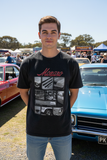 Man wearing Monaro Montage T-Shirt at a classic Australian car show near a Holden Monaro