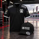 Black Repco NextGen NZ event polo and breathable cap in a motorsport pit garage
