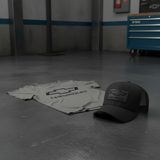 Chevrolet Distressed Logo T-shirt with black 3D Badge Trucker Cap