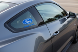 Ford Racing Decal applied to rear side window of a dark Ford Mustang
