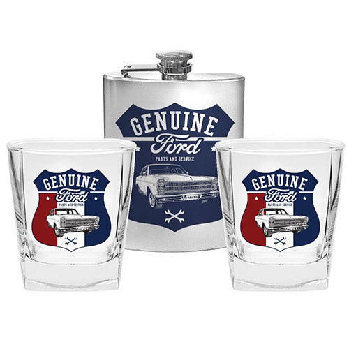 FORD SET OF 2 SPIRIT GLASSES AND FLASK